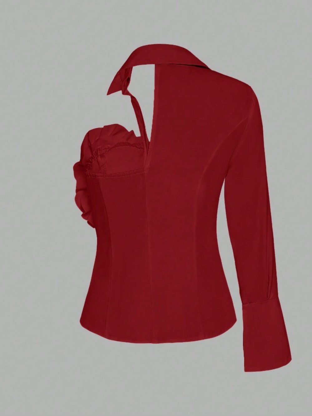 Red Casual Women's Asymmetric Collar 3d Floral Decoration Elegant Blouse - Picture 2 of 3